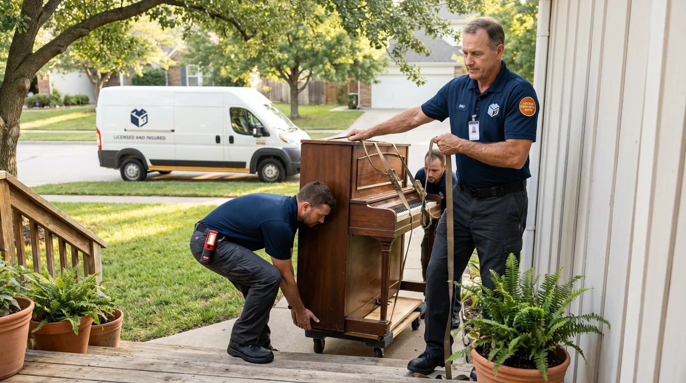 Licensed piano movers securing grand piano in Depoe Bay, OR