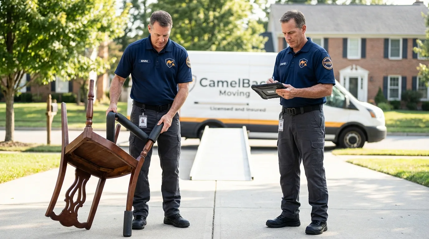 Movers inspecting furniture for damage prevention before loading in Depoe Bay, OR