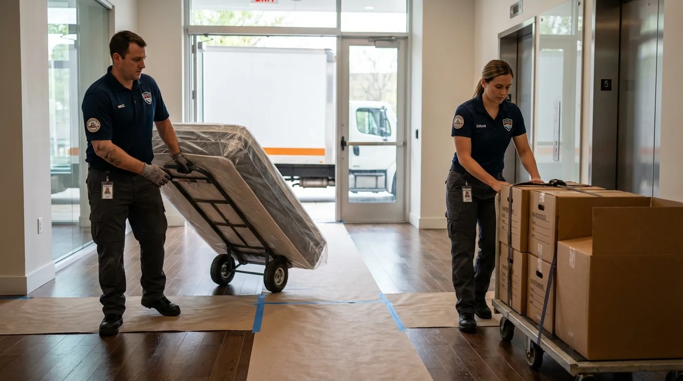 Professional apartment movers loading elevator in Depoe Bay, OR